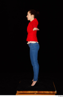  Rania black high heels blue jeans calling casual dressed pink top red jacket standing t poses whole body 0003.jpg